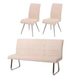 MCW Essgruppe: 2 Stühle, Sitzbank 180 cm, Chenille Creme, Edelstahlgestell.