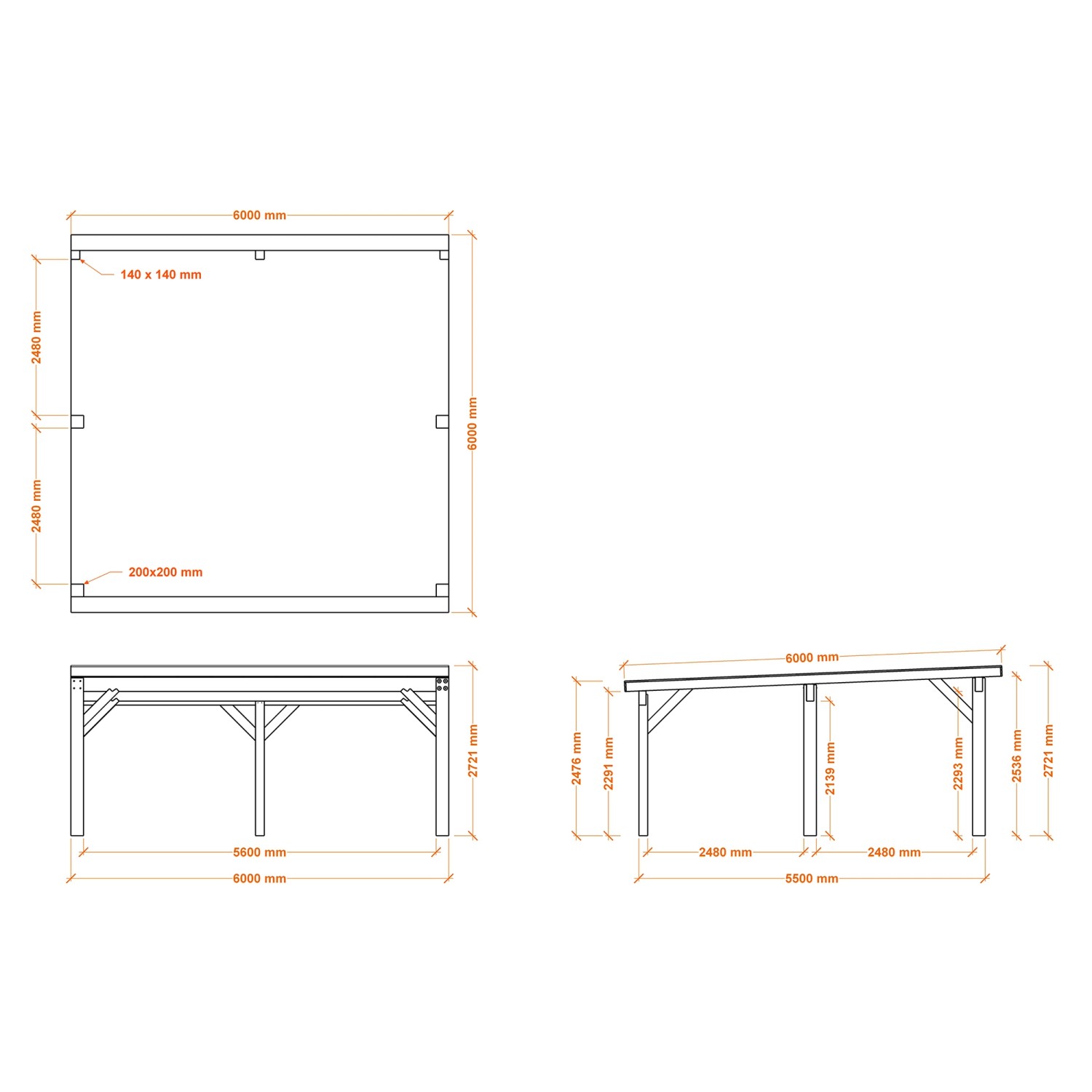 Technische Zeichnung: Holzbrüder Carport Ralf 36, Maße und Details zur Konstruktion.