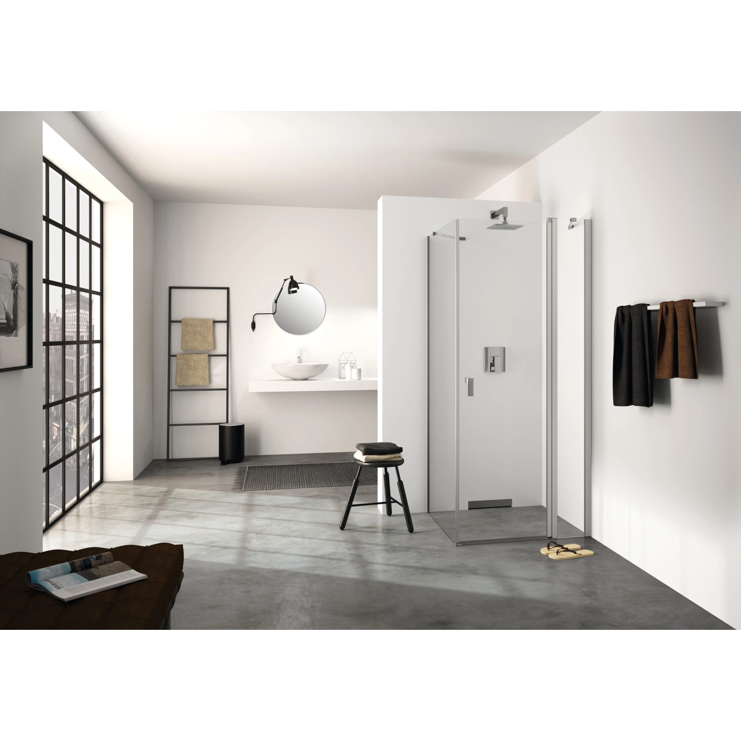 Hüppe Schwingtür Design Pure, 80x200 cm, Silber Matt, im modernen Badezimmer.