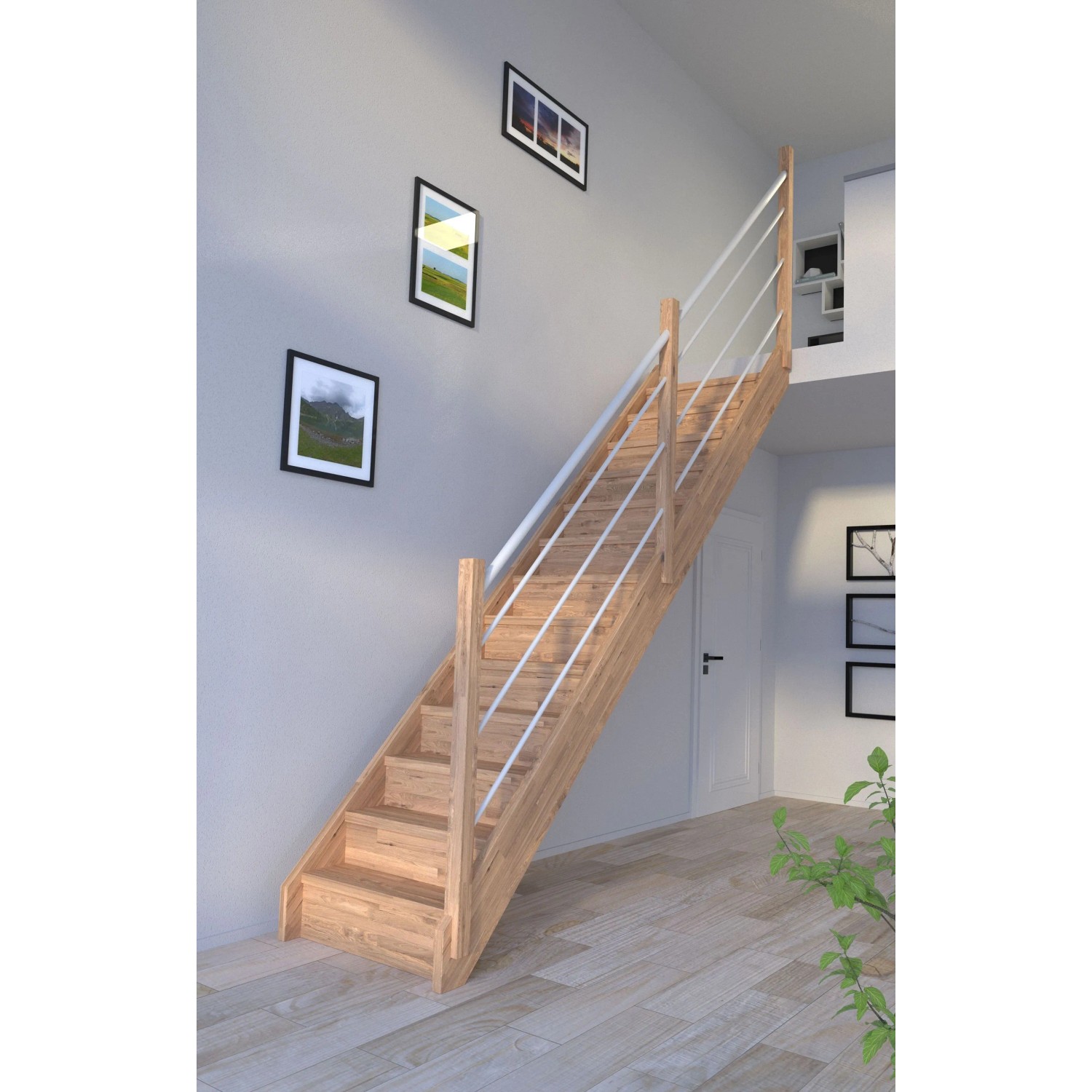 Treppe Mykonos Pro Eiche Ger. 80cm Setzstufe Holz-Edelstahl-Geländer Weiß R FSC®_6
