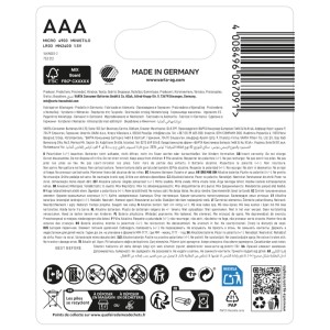 Varta Micro AAA LR03 Alkalibatterien, 20 Stück, Rückseite der Packung mit technischen Daten, Warnhinweisen und Recycling-Symbolen.
