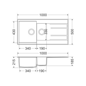 Technische Zeichnung der graphitfarbenen Miló Einbauspüle Luxuria 100 aus Granitverbundstoff mit Maßangaben.