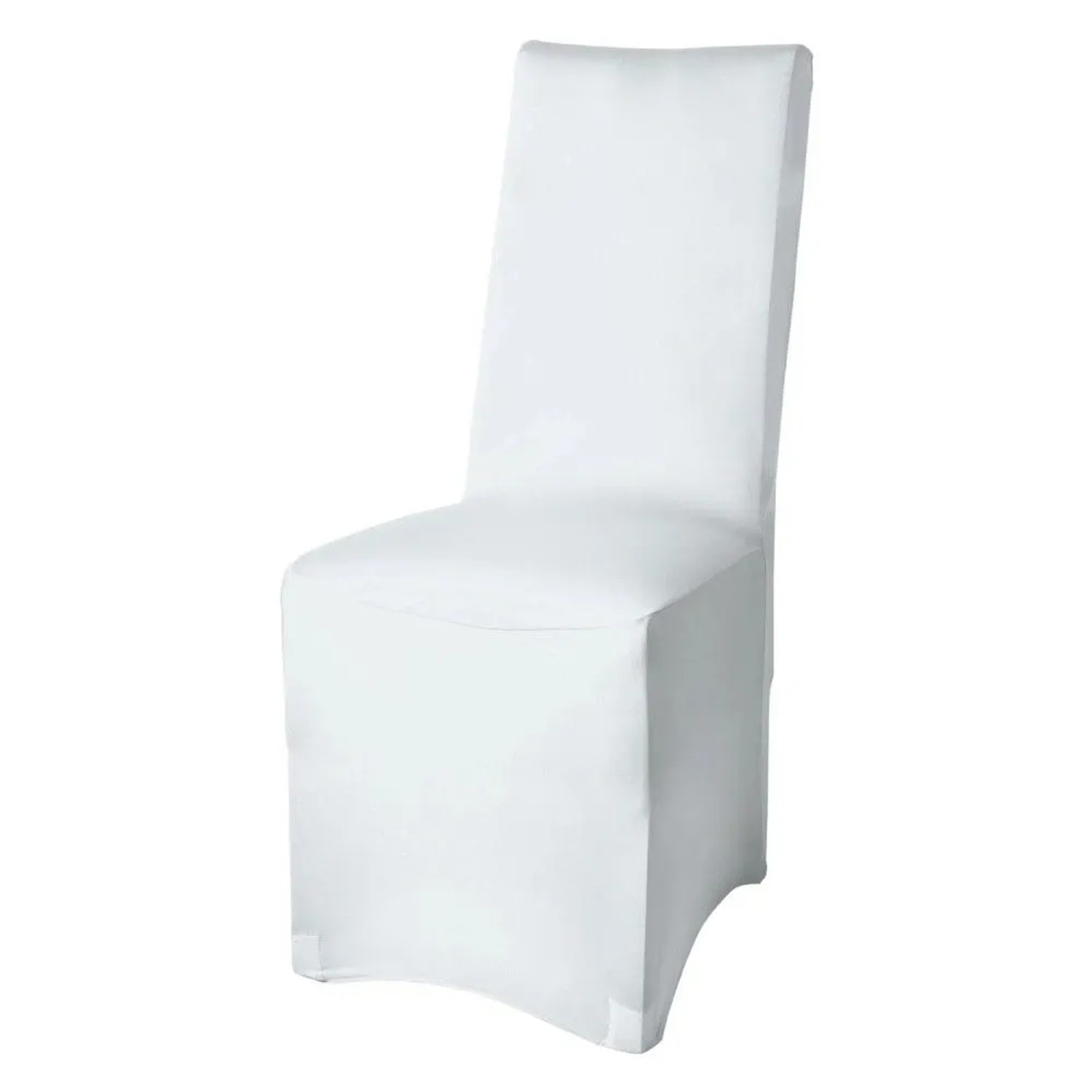 Weiße Beautissu Leona Stretch Stuhlhusse auf einem Stuhl. Elastischer Bezug für Bankett und Schutz vor Schmutz.