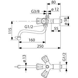 Skizze der Sanitop-Wingenroth Wandauslaufbatterie für Kochendwassergerät mit Maßangaben.
