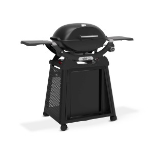 Schwarzer Weber Gasgrill Q2200N mit Rollwagen und Alugussgehäuse.