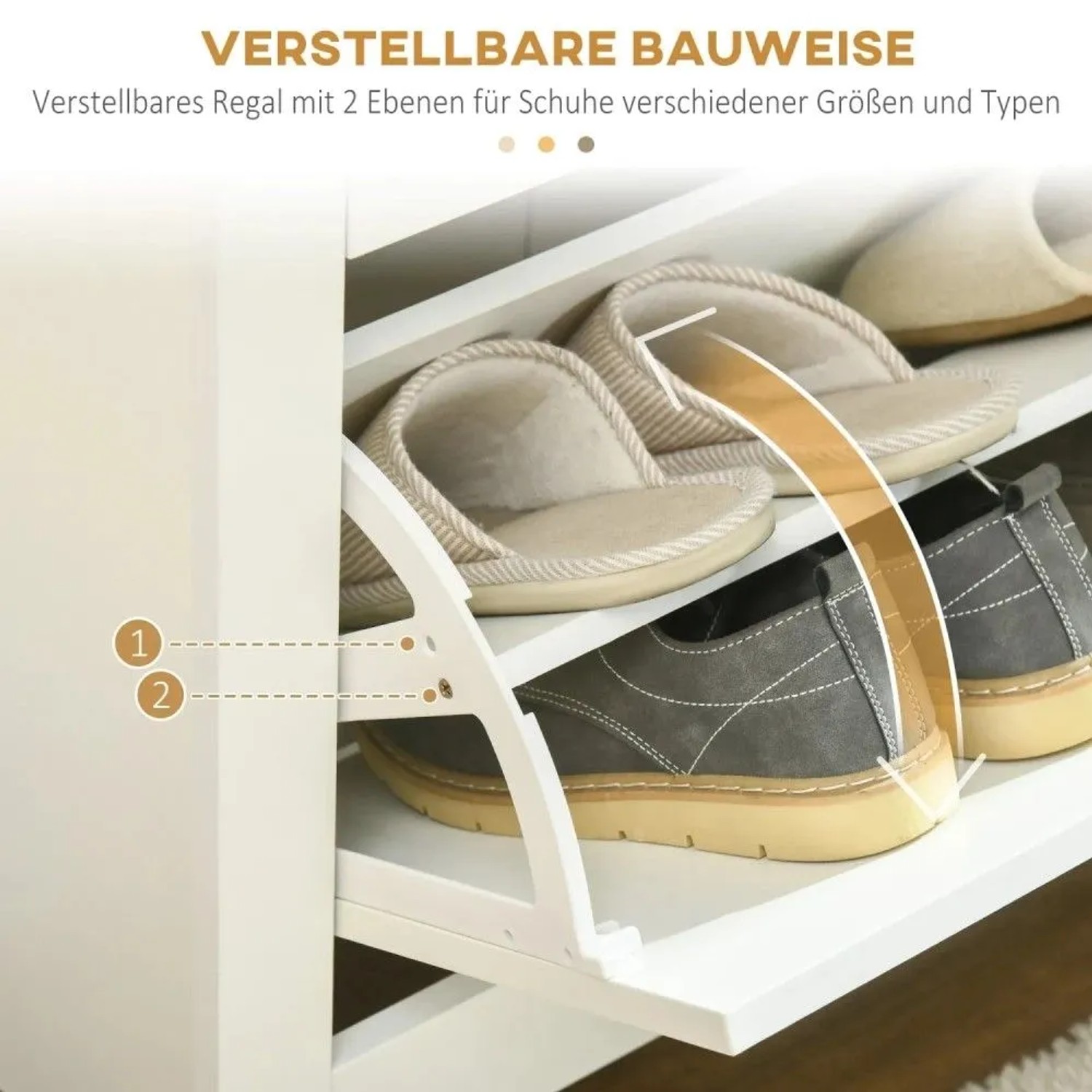 Weißer HOMCOM Schuhschrank, Klappe offen. Verstellbare Fächer für Schuhe, Hausschuhe. Flexibel anpassbar.