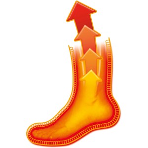 Illustration: Fuß in Thermosocke mit Wärmeableitung durch Pfeile. Heat Holders Gr. 39-42.