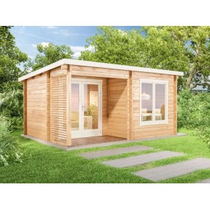 Unbehandeltes Alpholz Gartenhaus Orkus-44 mit Pultdach und Anbaudach im Garten.