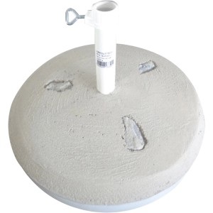 Weißer Sonnenschirmständer aus Beton, 25 kg, mit Natursteineinlagen und Kunststoffumrandung.