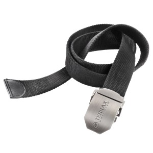 Schwarzer Textil Gürtel, 140 cm, mit Metallschnalle für Arbeitskleidung.