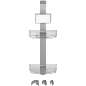 Wenko Duschcaddy Premium mit Anti-Beschlagspiegel, zwei Ablagen und Befestigungsmaterial.