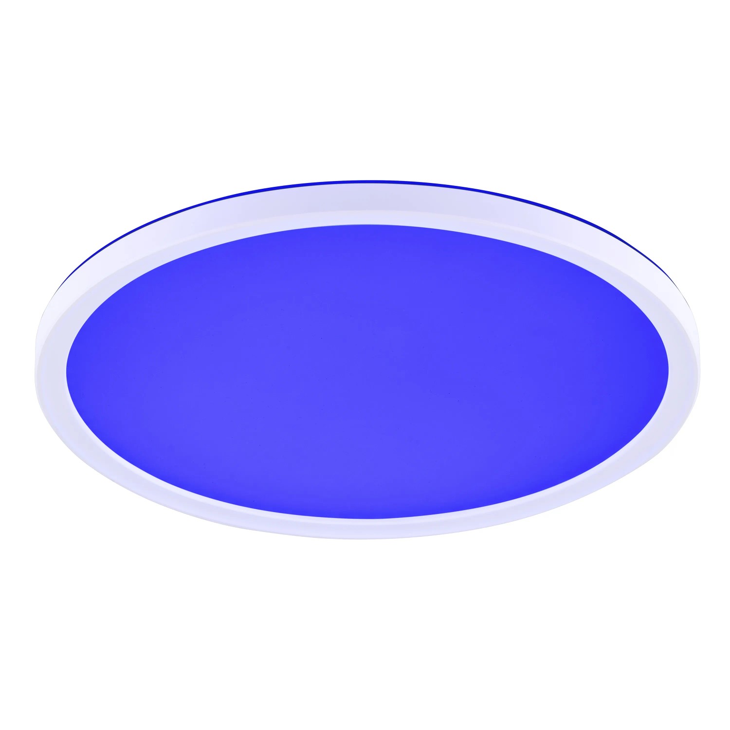Weiße LED Deckenleuchte Velion, Ø 29,3 cm mit blauer Beleuchtung.