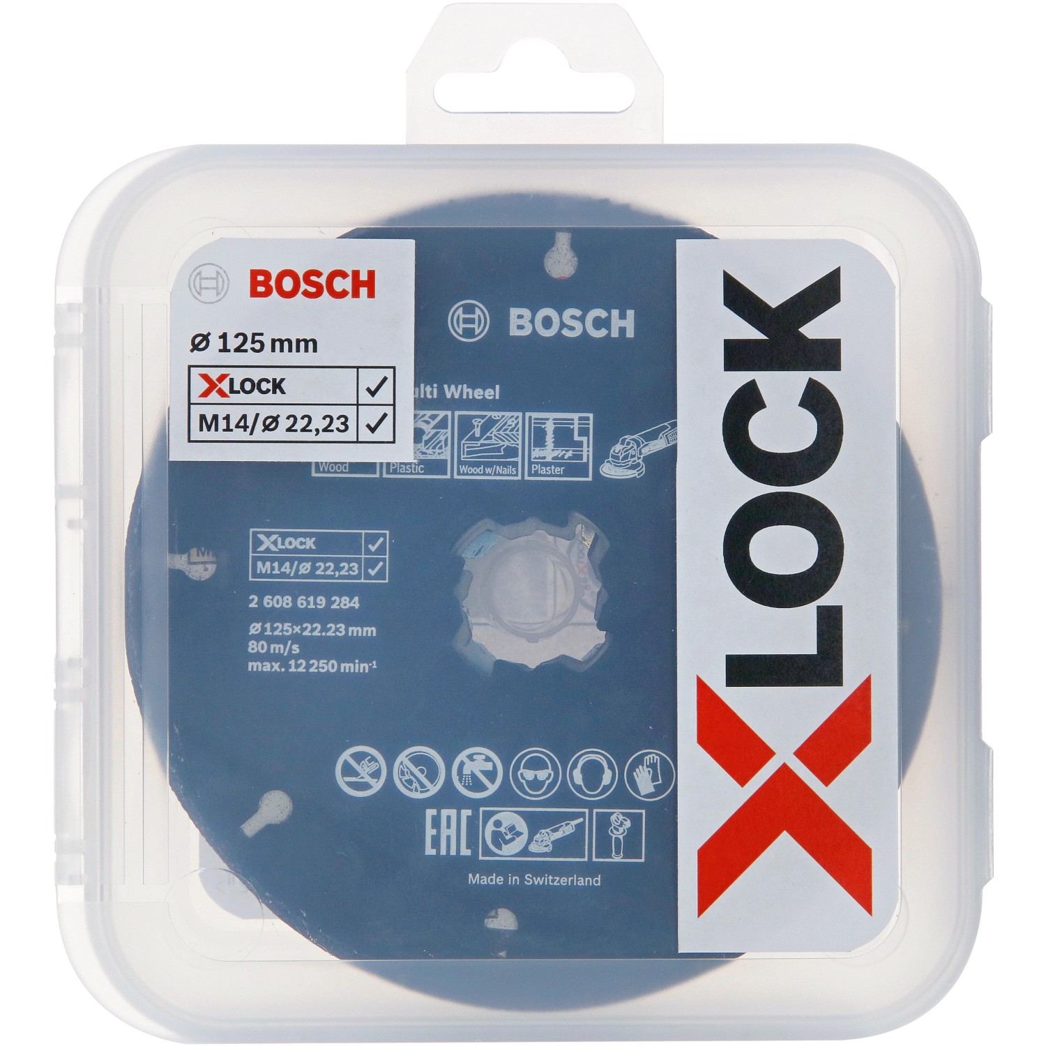 Bosch X-Lock Trenn- und Fächerschleifscheiben-Set 125mm CMW im transparenten Kunststoffbehälter.