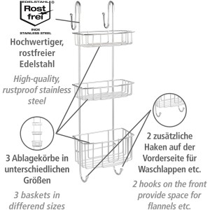 Wenko Duschcaddy Olesi mit 3 Edelstahl-Ablagen und Haken zur Aufhängung in der Dusche.