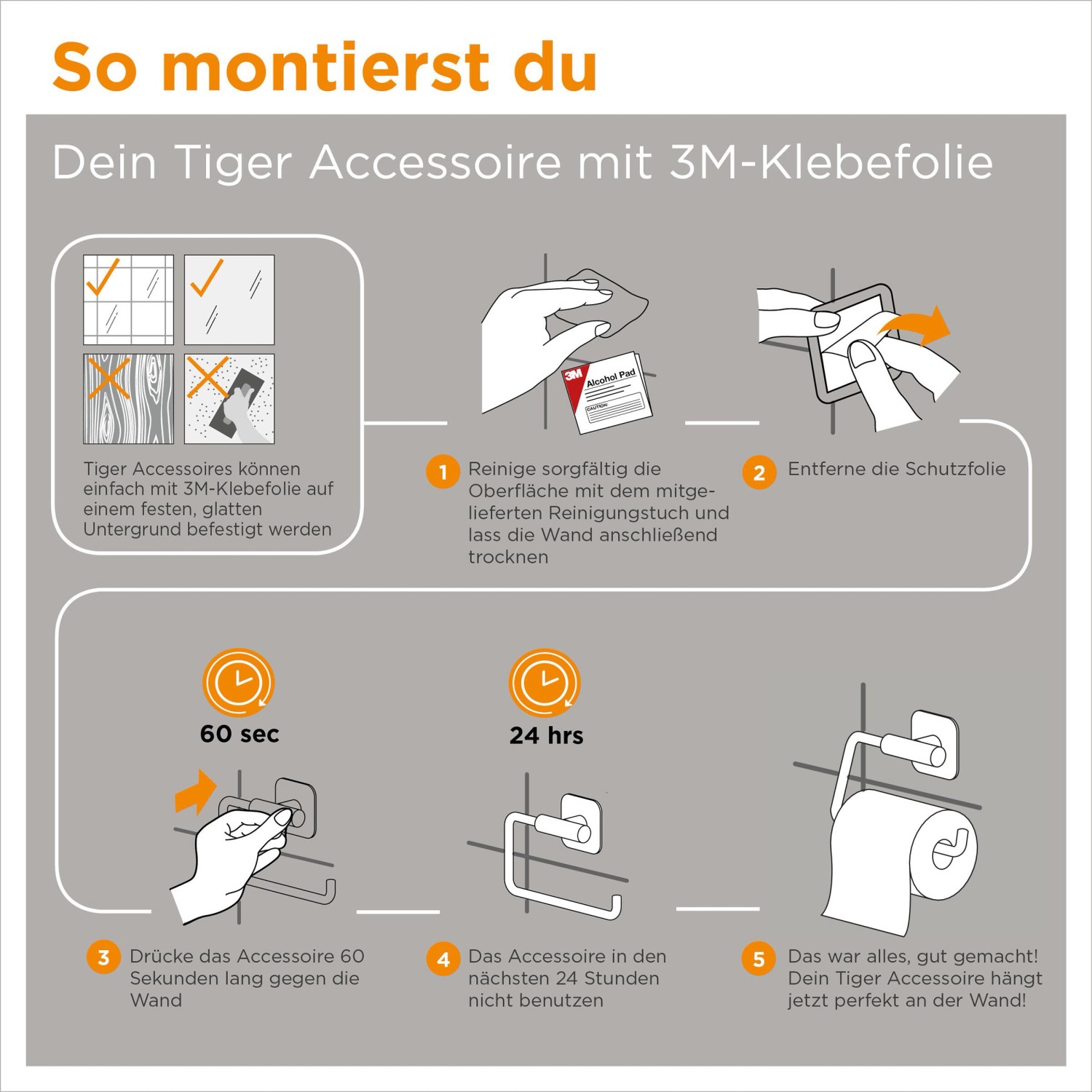 Montageanleitung für Tiger Tune Toilettenpapierhalter mit 3M-Klebefolie.