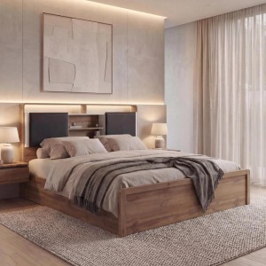 Queen Size Bett 160x200 cm in Wotan-Eiche-Optik mit weißem Kopfteil und Lattenrost.