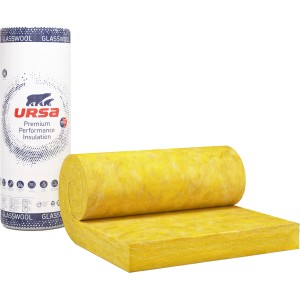 Ursa Glasswool Dämmfilz 140 mm: Rolle gelbe Glaswolle und Verpackung. Mineralfaser Dämmstoff für Geschossdecken.