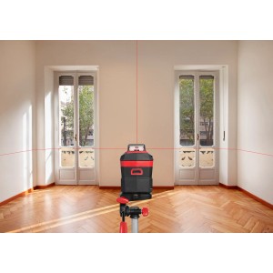 Skil Kreuzlinienlaser 1960DA mit 360° Laserlinie, rot, selbstnivellierend auf Stativ in einem Raum.