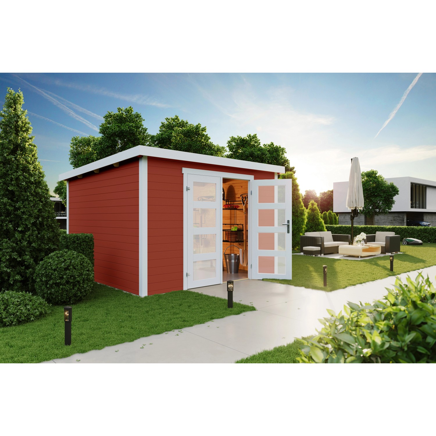 Lasita Holz-Gartenhaus Zambezi 7 in Schwedenrot mit Doppeltür und Regalen im Inneren.