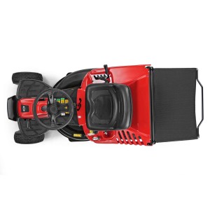 Roter Troy-Bilt Aufsitzmäher Mini-Rider 76T-R mit Heckauswurf, Vogelperspektive.