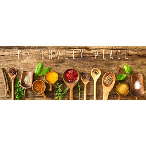 Leinwandbild mit Gewürzen in Holzlöffeln auf Holzbrett, "This Is My Lovely Place I", 27x77 cm.