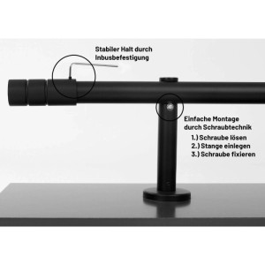 Schwarze Gardinenstange Zylinder Ø 25mm, Detailansicht der Montage mit Schraubtechnik und Inbusbefestigung.