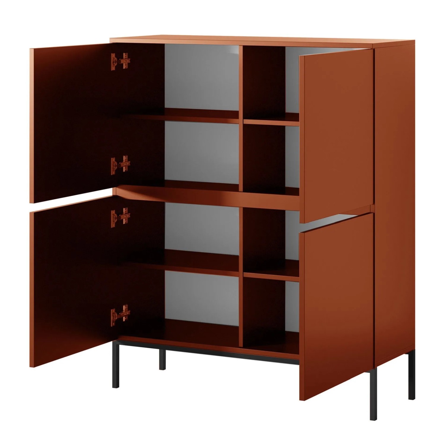 Selsey Highboard Bemmi, ziegelrot, 100 cm breit, mit schwarzen Beinen. Zwei offene Türen zeigen vier Fächer. Modernes Sideboard.