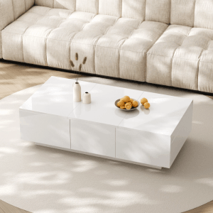 Rechteckiger, weißer Hochglanz Couchtisch 100x50 cm mit Schubladen. Moderner Wohnzimmertisch.