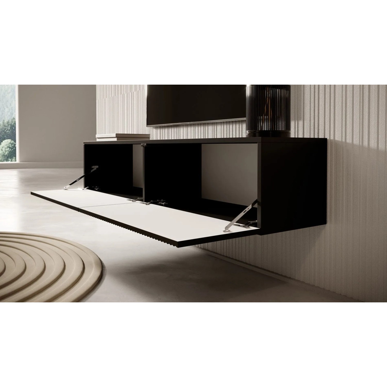 Schwarzes Selsey TV-Hängeboard Veldio, 140 cm, mit geriffelten Fronten. Zwei Fächer mit geöffneten Türen. Moderner TV-Schrank.