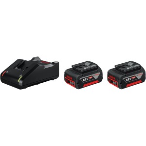 Bosch Professional Akku-Starterset mit 2 Akkus (18V, 4Ah) und Ladegerät.