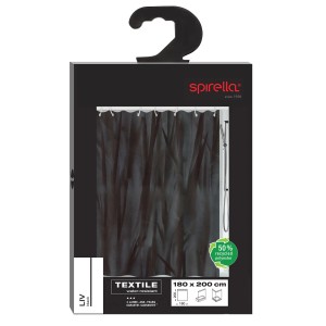 Verpackung des schwarzen Spirella Duschvorhangs Liv, 180x200 cm, aus Textil.