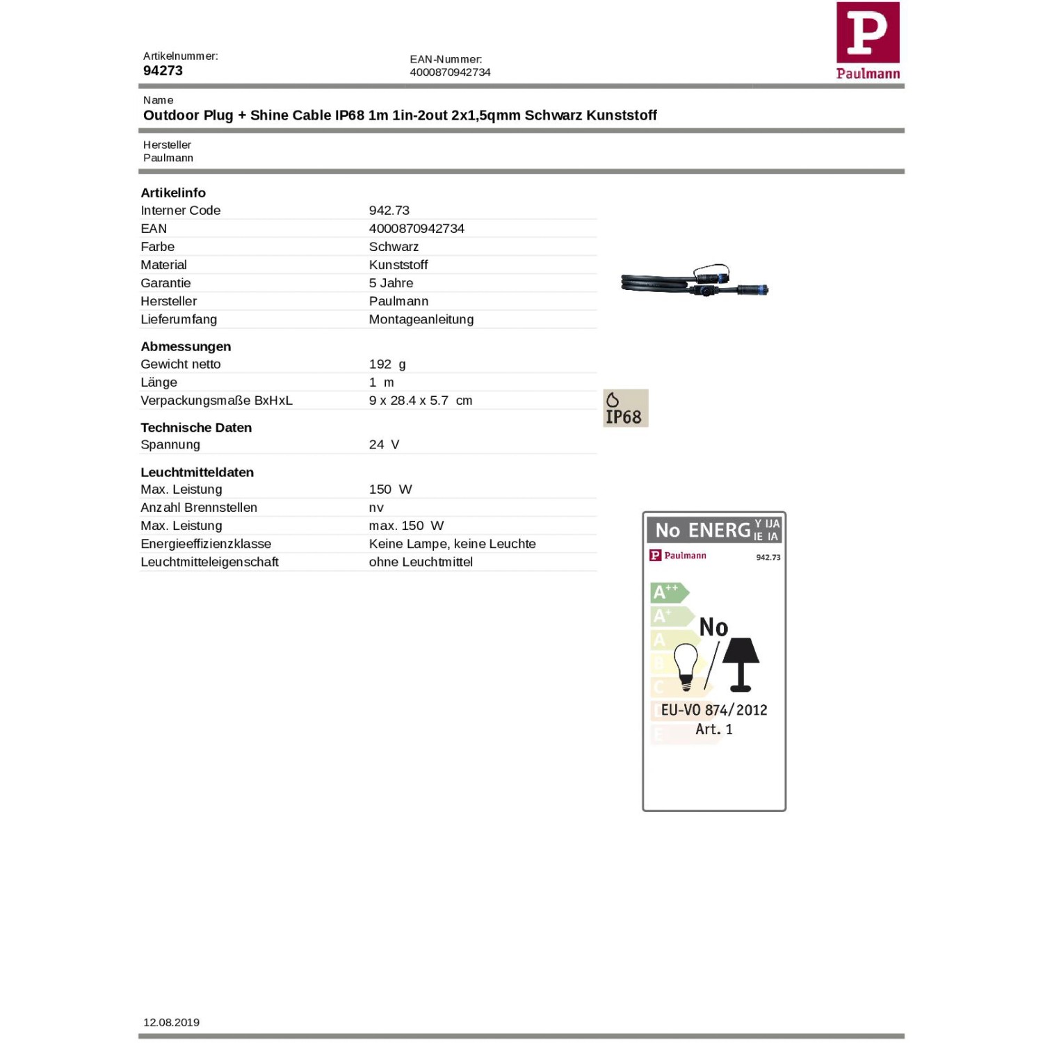 Paulmann Plug & Shine Kabel, 1m, schwarz, IP68. Verbindungskabel für Außenbeleuchtungssysteme.