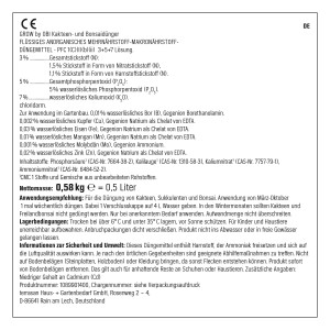 Etikett des GROW by OBI Kakteen- und Bonsai-Düngers, 500ml mit Anwendungs- und Sicherheitshinweisen.