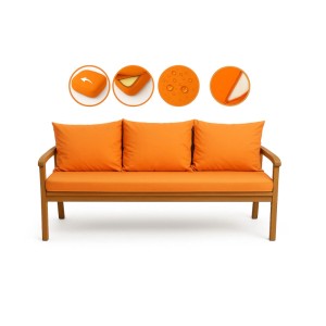 Orangefarbenes Gartenbank Kissen Set für 3-Sitzer Bänke, bestehend aus Sitz- und Rückenkissen.