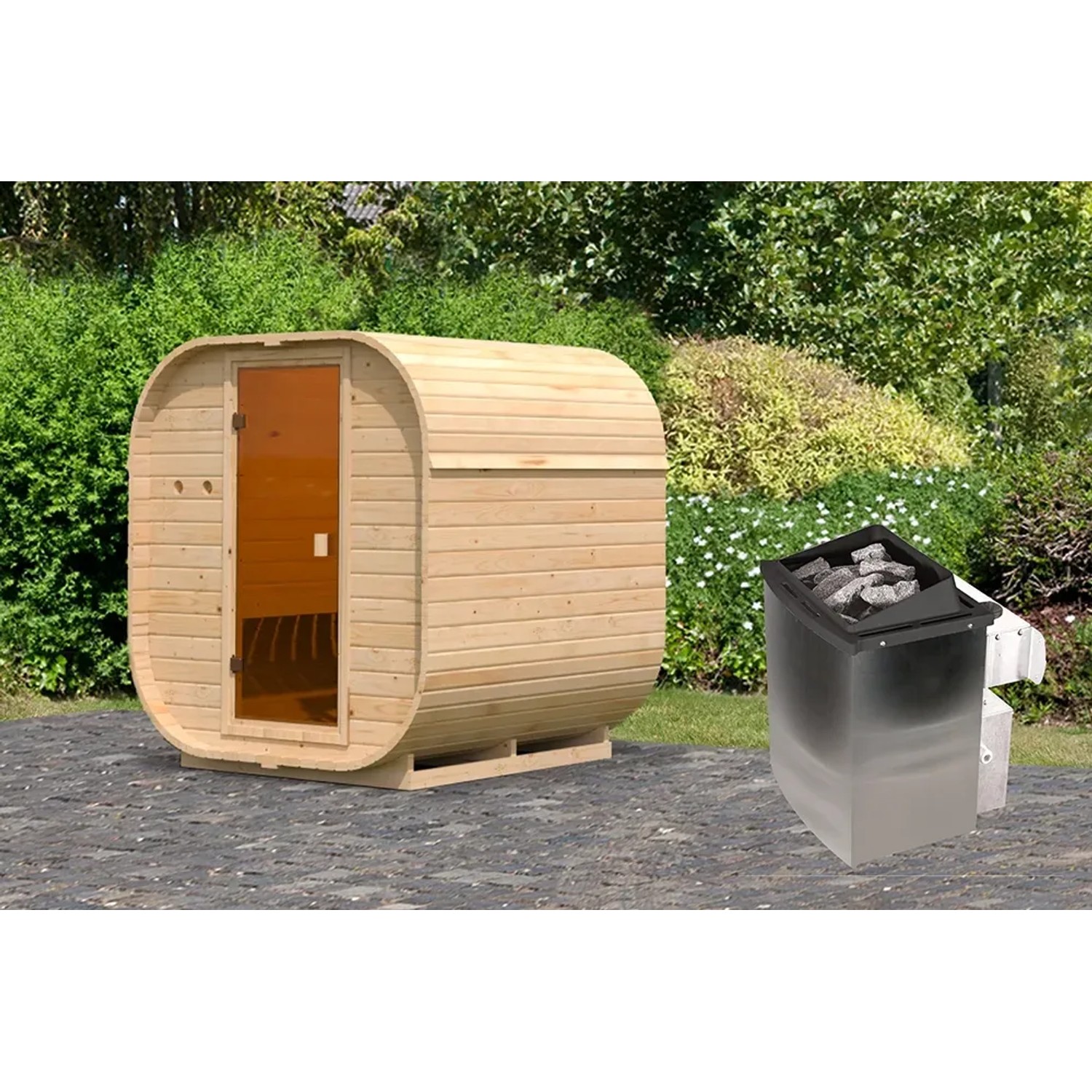 Karibu Fassauna Quadro 1, naturbelassen, mit Ofen. Saunahaus aus Fichte für den Garten.