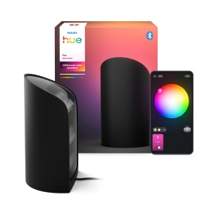 Philips Hue Play Wallwasher in Schwarz, mit Verpackung und Smartphone-App zur Steuerung.
