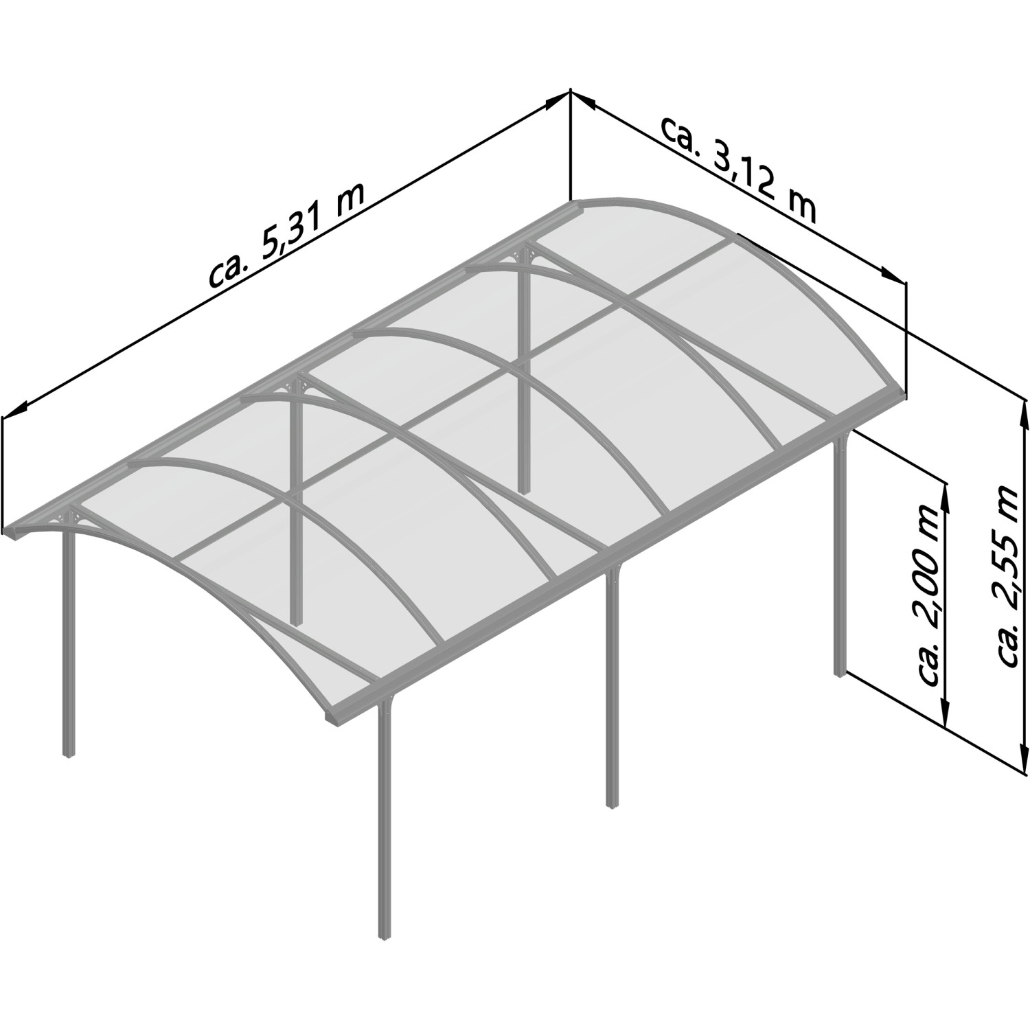 Skizze KGT Runddach Carport Elbe mit Maßangaben zu Höhe, Breite und Länge.