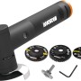 Worx MakerX Mini-Winkelschleifer WX741.9 mit Schleifscheiben und Zubehör.