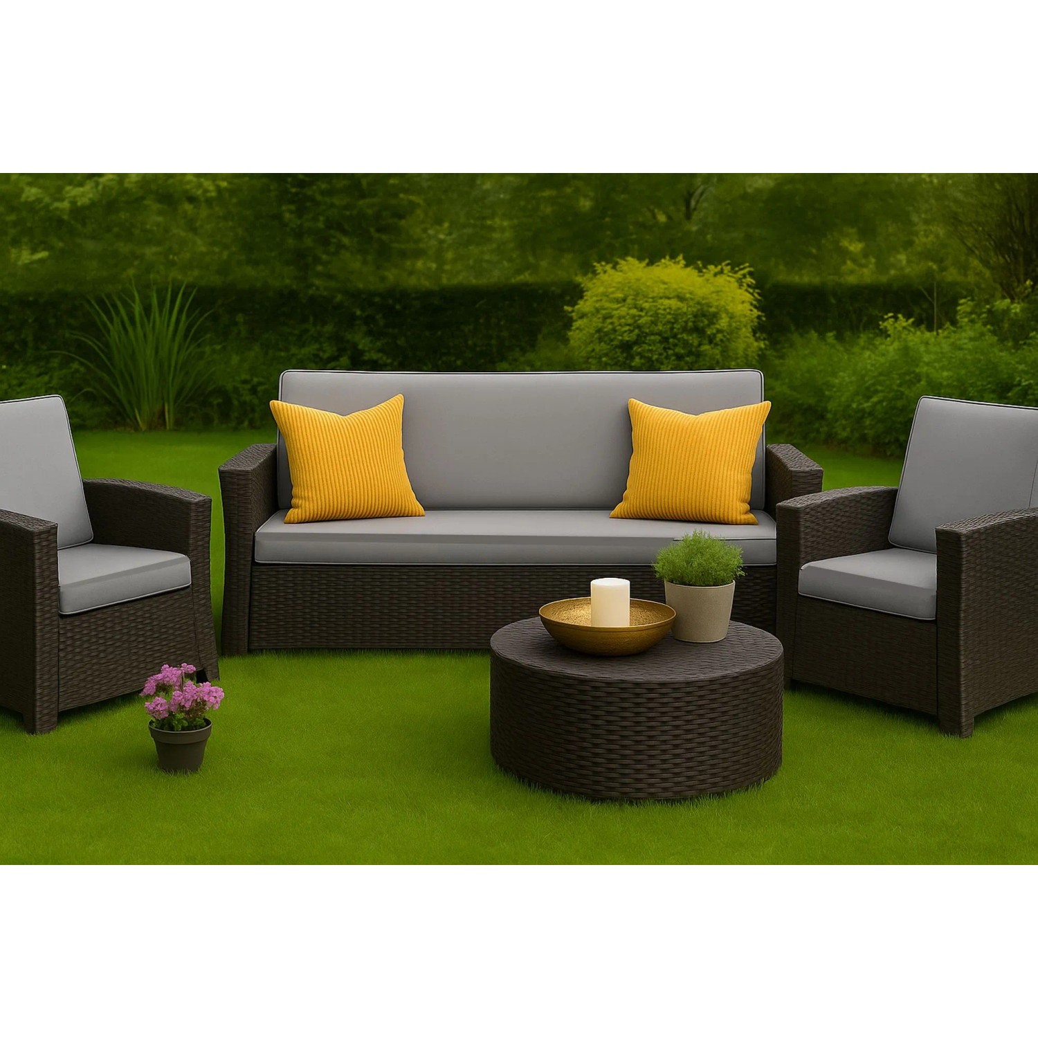 Graues Gartensofa mit Kissen und Rattansessel im Garten.