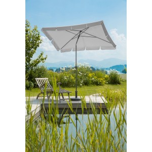 Silbergrauer Schneider Balkonschirm (225x120 cm) mit Knickfunktion im Garten.