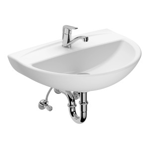 Weißes baliv Handwaschbecken 60 cm mit Armatur und Siphon, wandhängend.