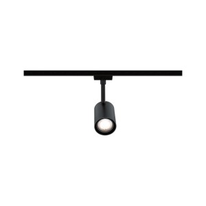 Schwarzer Paulmann URail LED-Schienenspot Luxe matt, zylindrisch, mit Licht auf schwarzer Schiene.