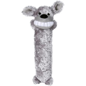 Graues Jollypaw Longie Plüschtier für Hunde, 35 cm lang, mit aufgesticktem Gesicht und Zähnen.