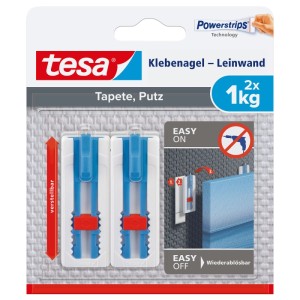 Tesa Klebenägel für Tapeten & Putz, 2 Stück, je 1kg Tragkraft, verstellbar, ohne Bohren. Ideal für Leinwände.