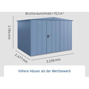Ecostar Gerätehaus Elegant, Taubenblau, mit Satteldach und Einzeltür. Metall Gerätehaus.