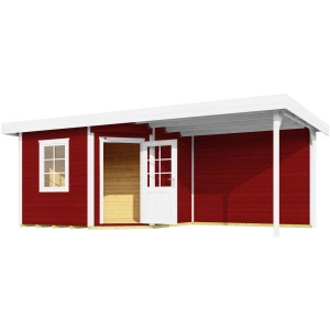 Rotes Weka Holz-Gartenhaus mit Flachdach und Anbau, 533x279 cm.