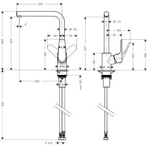 Technische Zeichnung: Hansgrohe Focus Küchenarmatur, 280mm, Chrom, Maße und Details.