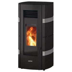 Justus Pelletofen Sia, Stahl schwarz-grau, 8 kW, mit Flamme im Sichtfenster.