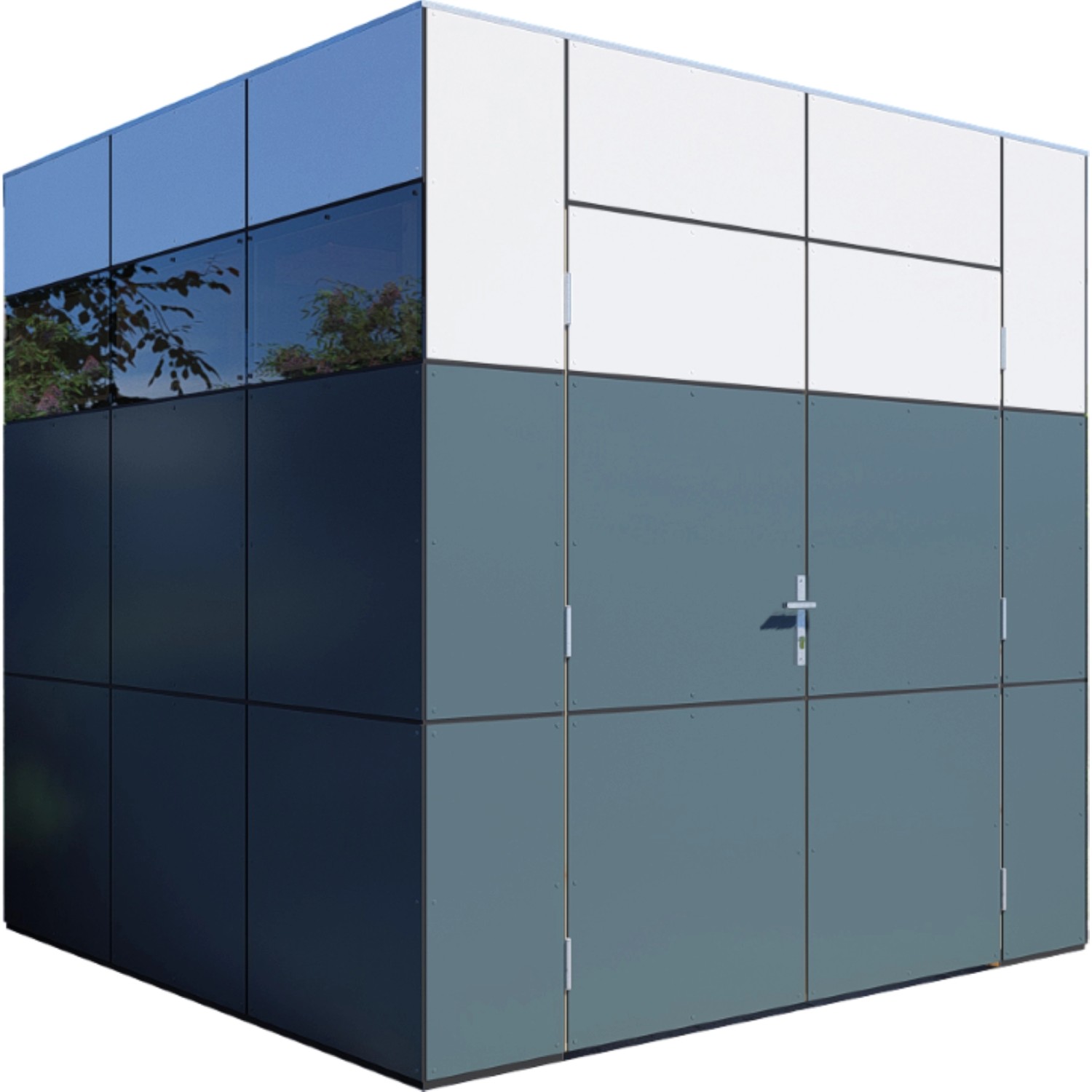 Modernes Bertilo Gartenhaus HPL 1 in Anthrazit-Weiß, Holz-Gartenhaus mit Flachdach.