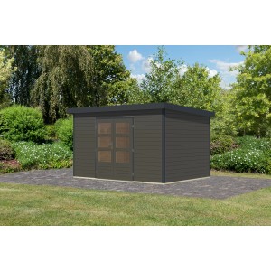 Karibu Gartenhaus Domingo 7 in Terragrau/Anthrazit mit Doppeltür und Fenster.